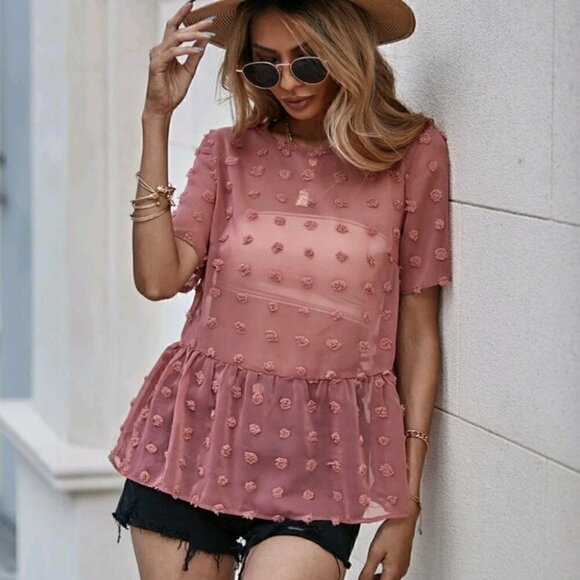 NWOT SHEIN Pink swiss dot sheer flowy peplum boho festival top - Picture 1 of 10